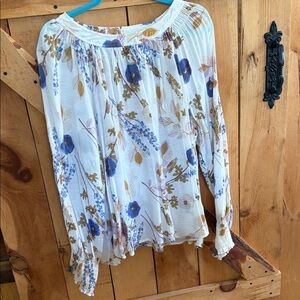 a.n.a White Floral Blouse with Blue and Brown Accents